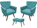 Ver imagem 1 de Kit 2 Poltronas Decorativa Aurora + 1 Puff Retangular Suede Azul Tifany Pés Madeira Mz Decor