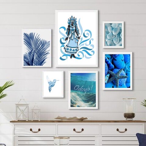 Composição Quadros Decorativos Iemanjá azul - com Vidro:madeira Branca