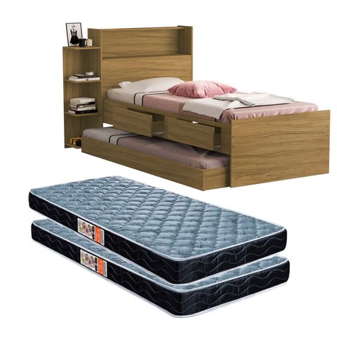 Cama Solteiro com Auxiliar Isa Nature de Mdf com Gavetas Nichos e Baú + 2 Colchões D20