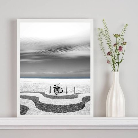 Quadro Rio de Janeiro Bicicleta em Copacabana 24x18cm:madeira Branca