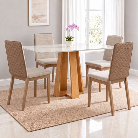 Conjunto Sala de Jantar Mesa Lisa 120cm Tampo MDF Vidro Canto Arredondado 4 Cadeiras Pietra