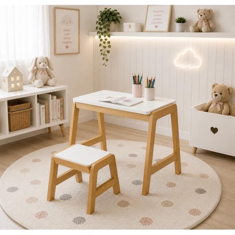 Conjunto Mesa e Banco Infantil Encanto Madeira Pinus Branca