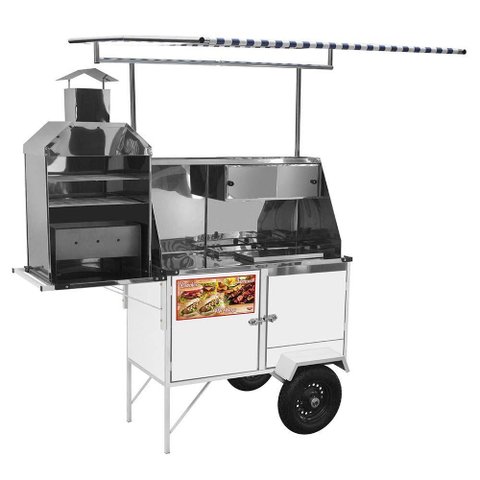 Carrinho 3 em 1 Cefaz Hot Dog, Lanche Churrasco Luxo Branco Rodas Pneumáticas e Toldo Blc12p/t
