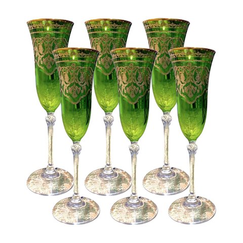 Jogo com 6 Taças em Cristal Verde para Flute 23x7cm