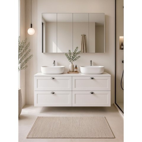 Gabinete para Banheiro com Tampo 2 Cubas e Armário 160cm Retro MDF Branco Milano - On Móveis