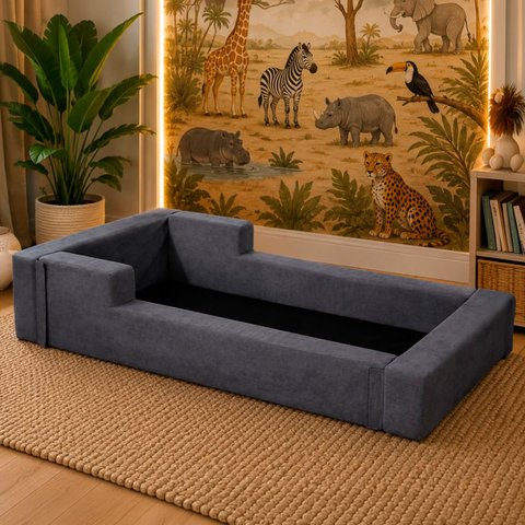 Cama Montessoriana Solteiro Desmontável com Colchão em Bouclé:Cinza Escuro