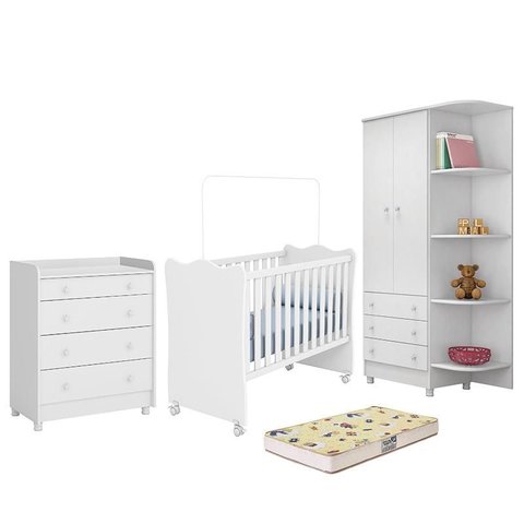 Dormitório Doce Sonho 2 Portas, Cômoda Trocador, Berço Branco com Rodízio e Colchão D18 - Qmovi