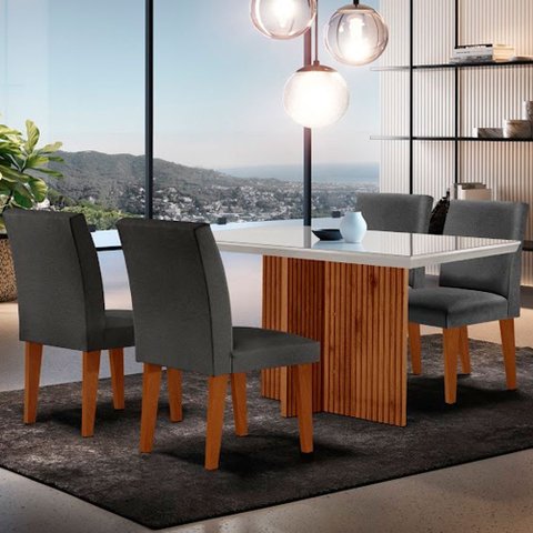 Sala de Jantar Mesa Olimpia 120 Tampo em Mdf Vidro Canto Reto com 4 Cadeiras Grecia