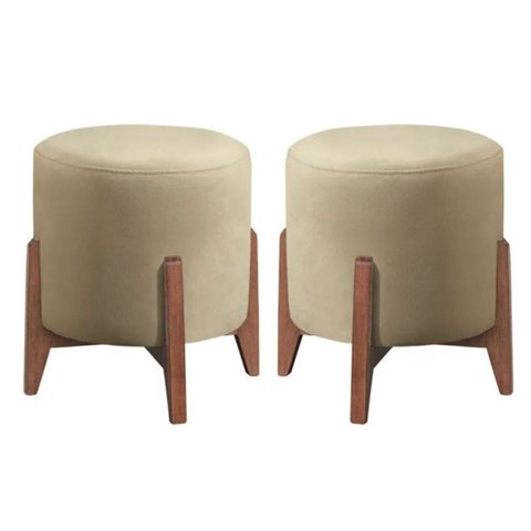 Kit 2 Puff Decorativo para Sala Redondo Luxo Atenas Veludo:bege