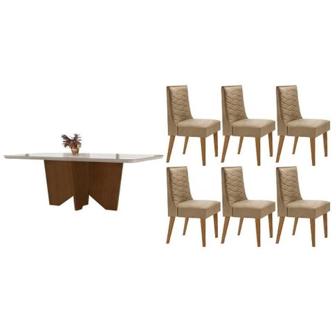 Conjunto Sala de Jantar Nevada C/ Tampo Madeirado C/ Vidro Canto Curvo 180x90cm e 6 Cadeiras Dafne