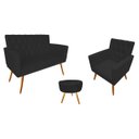 Ver imagem 1 de Kit Namoradeira + 1 Poltrona Decorativa Nina Capitonê + Puff Redondo Couro Preto Pés Madeira Mz Deco