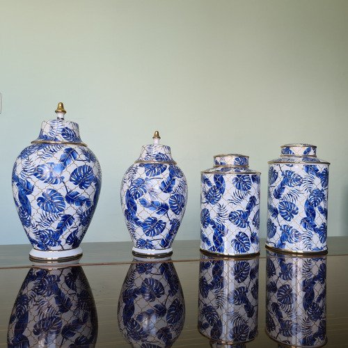 Vaso Decorativo Pote Porcelana Azul E Branco Com Dourado - 5
