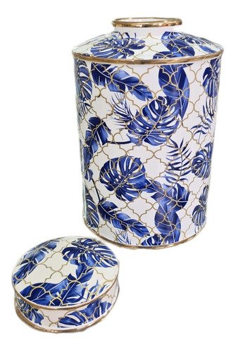 Vaso Decorativo Pote Porcelana Azul E Branco Com Dourado - 2