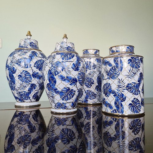Vaso Decorativo Pote Porcelana Azul E Branco Com Dourado - 6