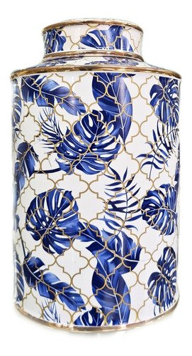 Vaso Decorativo Pote Porcelana Azul E Branco Com Dourado - 1