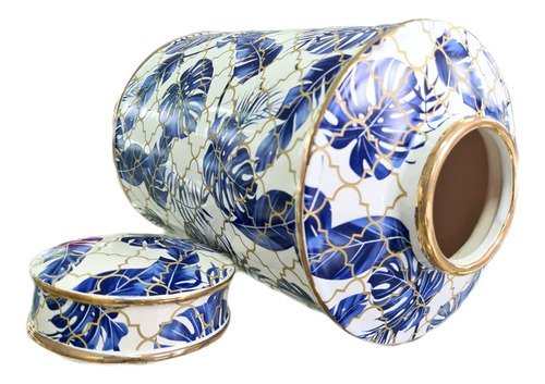 Vaso Decorativo Pote Porcelana Azul E Branco Com Dourado - 3