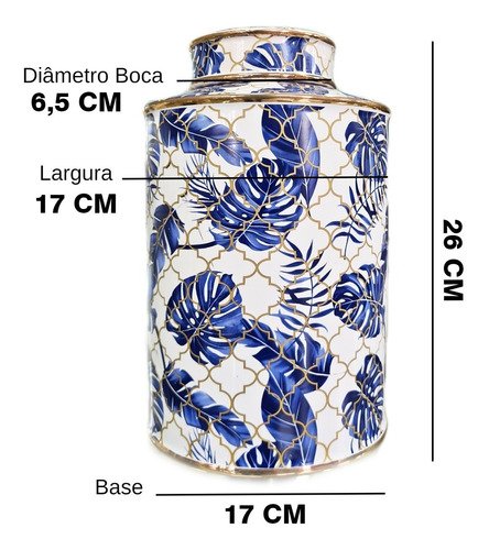 Vaso Decorativo Pote Porcelana Azul E Branco Com Dourado - 4