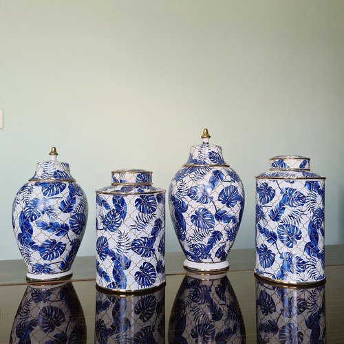 Vaso Decorativo Pote Porcelana Azul E Branco Com Dourado - 7
