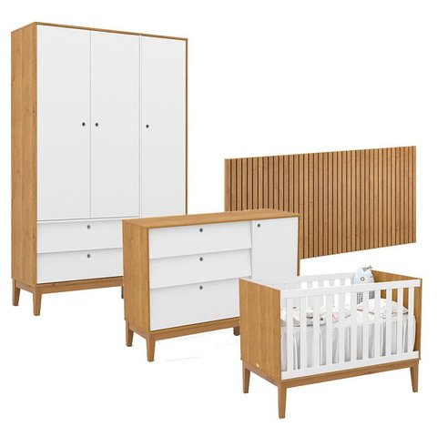 Quarto de Bebê Unique 3 Portas com Cômoda Sapateira e Painel Ripado Freijó Branco Soft Eco Wood - Ma