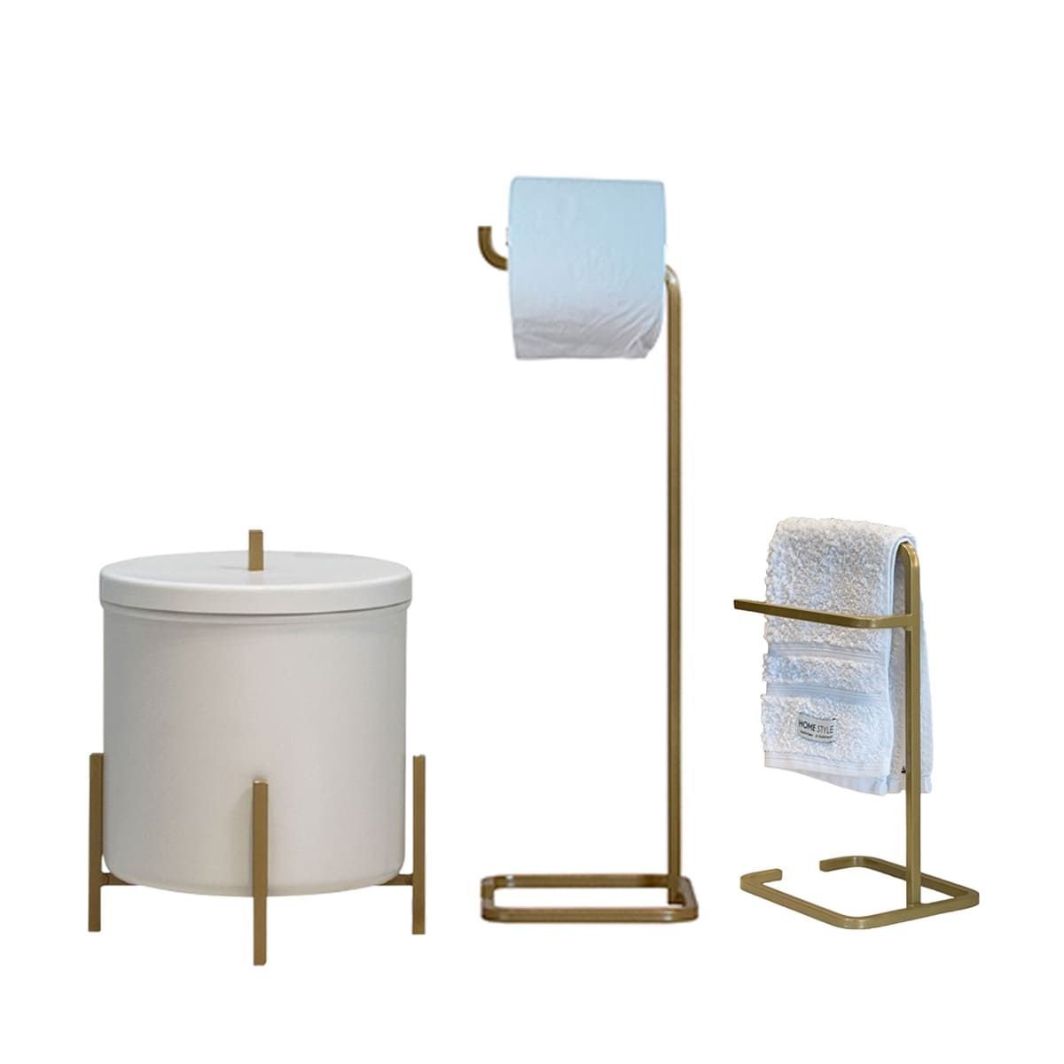 Kit Lixeira Branca com Dourado Porta Papel e Porta Toalha Dourada - Edecasamovies - 1