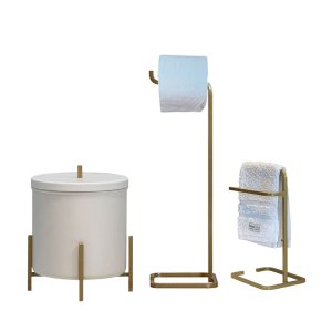 Kit Lixeira Branca com Dourado Porta Papel e Porta Toalha Dourada - Edecasamovies