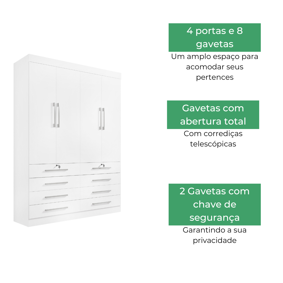 Guarda Roupa Solteiro 4 Portas 8 Gavetas Mônaco D'Doro Branco - 3