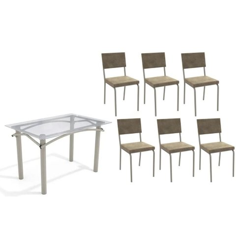 Conjunto: Mesa de Cozinha Elba C/ Tampo de Vidro 120cm e 6 Cadeiras Zaria Niquel - Suede Bege -