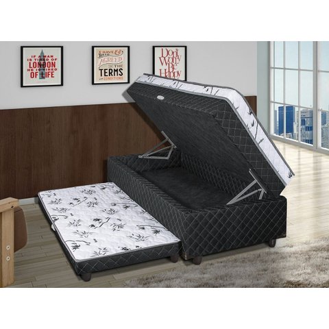 Cama Box Bau Solteiro Confort Plus com Auxiliar 088x188cm - Suede:preto