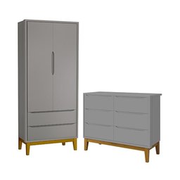 Jogo de Quarto Infantil Classic Guarda Roupa 2 Portas e Cômoda 6 Gavetas Cinza Fosco com Pés Amadeir - 1