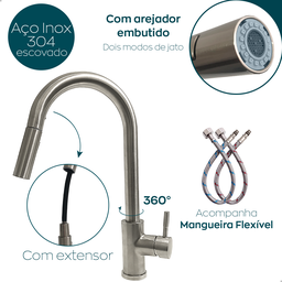 Torneira de Cozinha Escovada Inox Gourmet Quente Fria Mesa Arejador Extensivo Monocomando Misturador - 3