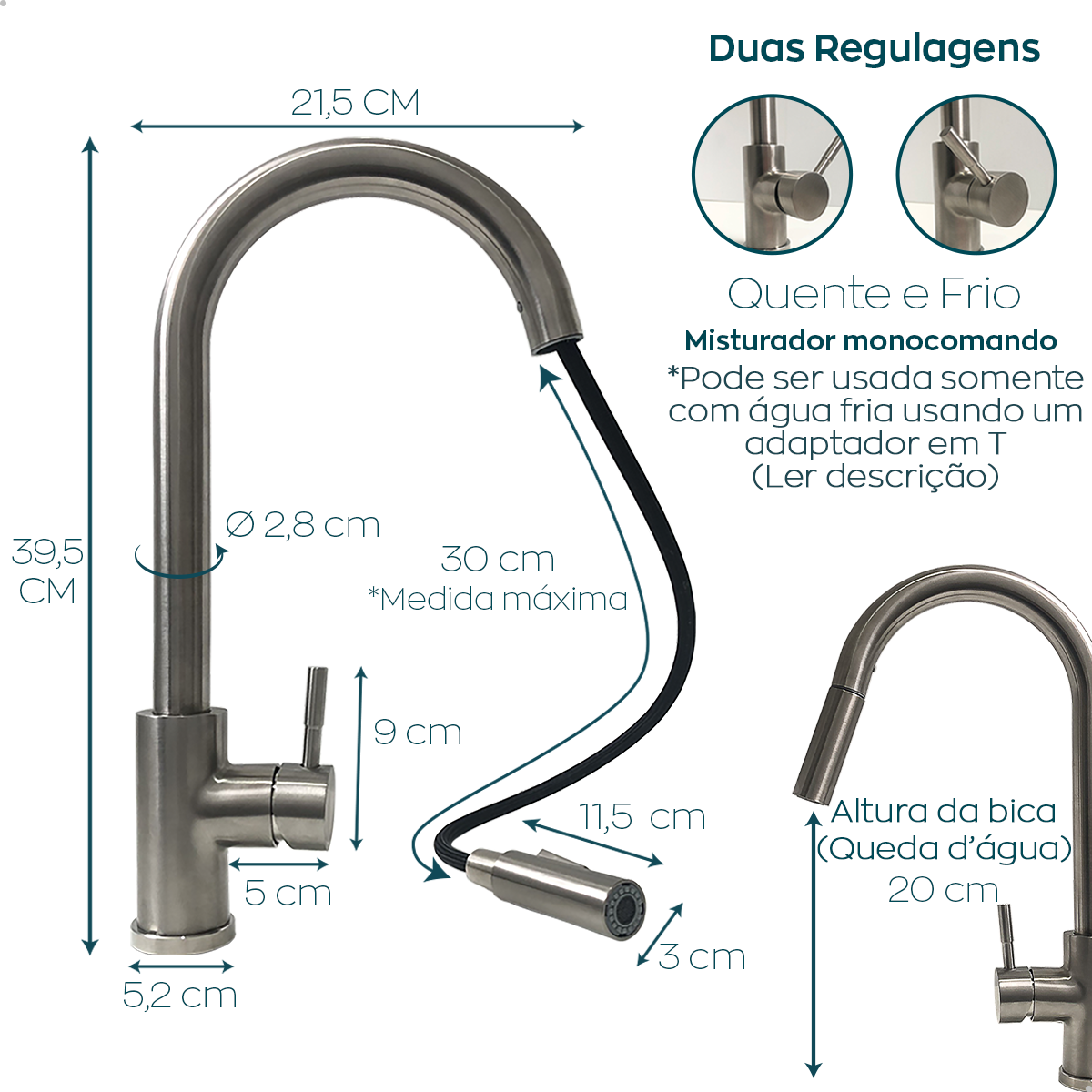 Torneira de Cozinha Escovada Inox Gourmet Quente Fria Mesa Arejador Extensivo Monocomando Misturador - 4