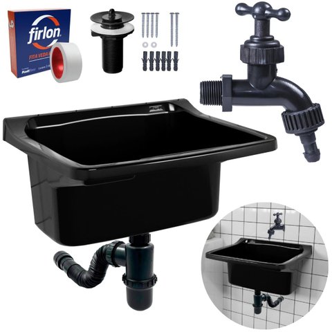 Tanque de Plástico 34l para Lavanderia Preto + Sifão Copo Universal Sanfonado + Fita Veda Rosca + To