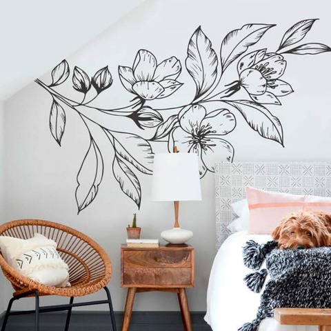 Adesivo de Parede Flor Abstrato Preto Folhas Minimalista Moderno