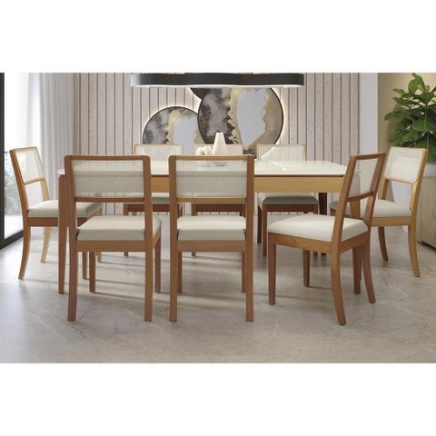 Sala Jantar Mesa Mira Premium Madeira Maciça C/ Tampo Madeirado C/ Vidro 200x100cm e 8 Cadeiras