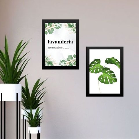 Kit 2 Quadros Lavanderia - Plantas 24x18cm:madeira Branca