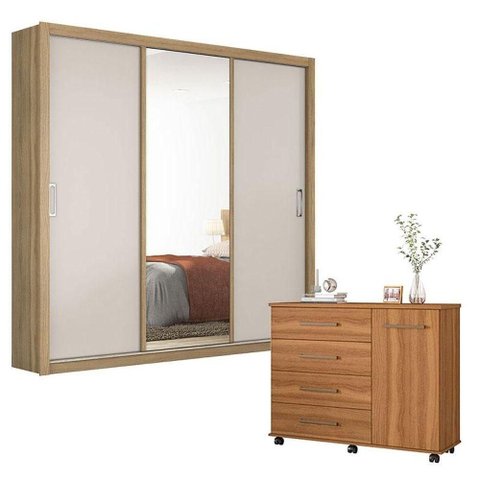 Cômoda Flora e Guarda Roupa Casal Residence Amêndola Off White - Demóbile