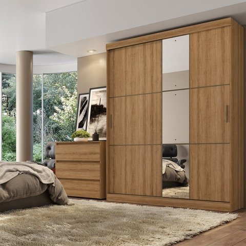 Guarda-Roupa Casal 2 Portas de Correr 2 Gavetas com Espelho 170x54x225cm Glass Comfort Marrom Almendra