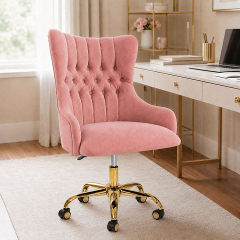 Cadeira Poltrona Home Office Helena Capitonê Base com Rodinhas Dourada