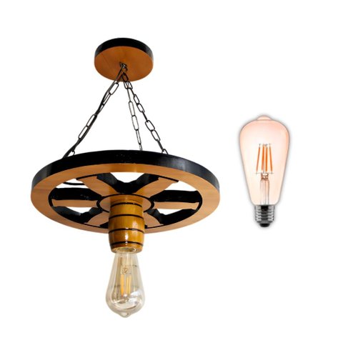 Pendente Luminária Lustre Roda de Carroça 33cm de Madeira Maciça - Cerejeira + Lâmpada