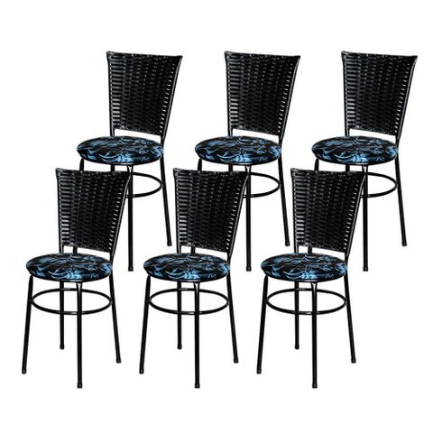 6 Cadeiras para Mesa Preta Hawai Preto Assento Floral Cor:floral Preto