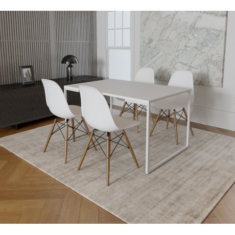 Mesa Industrial Base Ferro Branco Tampo 137x90 Branco 4 Cadeiras Eames Madeira Assento Branco