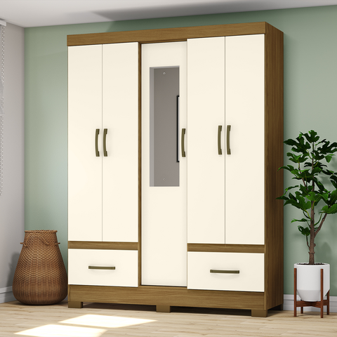 Guarda Roupas Casal Com 5 Portas 2 Gavetas Com Espelho B60 Nature / Off White - Briz Móveis