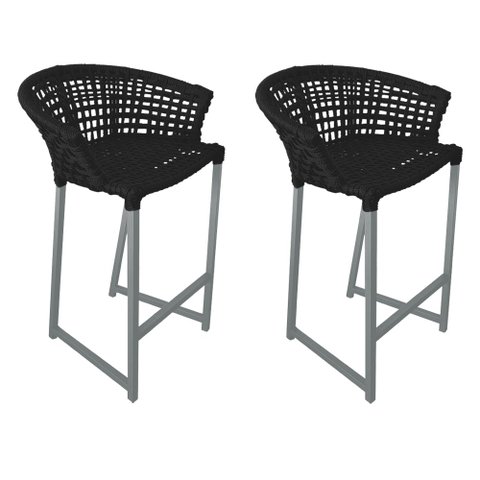 Kit 2 Banquetas Reis em Corda Náutica e Base em Alumínio Cinza para Área Gourmet - Externa Preta