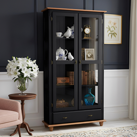 Cristaleira de Madeira Maciça 2 Portas 1 Gaveta Pés Torneados - Preto com Tampo e Base Imbuia Glazer