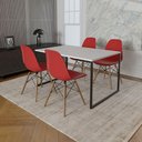 Ver imagem 1 de Mesa Industrial Base De Ferro Preto Tampo 137X90 Branco 4 Cadeiras Madeira Assento Vermelho Branco
