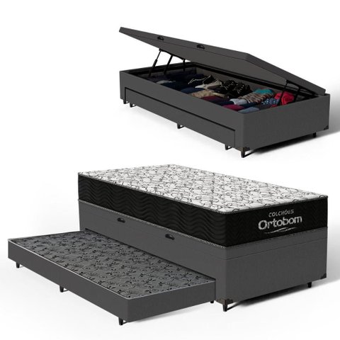 Cama Box Baú com Colchão de Espuma D45 Ortobom Airtech 150 + Auxiliar Unique Solteiro 88cm