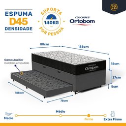 Cama Box Baú com Colchão de Espuma D45 Ortobom Airtech 150 + Auxiliar Unique Solteiro 88cm - 3
