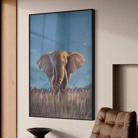 Quadro Decorativo Elefante  em Moldura Caixa Tacolado Moldura Trad 1cm Madeira Escura com Vidro 40 X