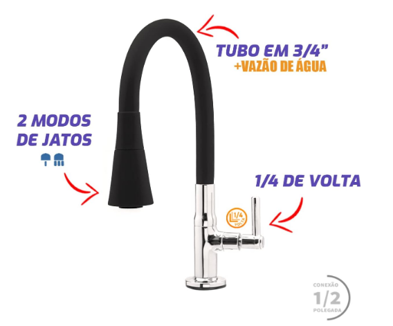 Torneira Cozinha Flexivel 1/4"v Slim Cone Cromada/preta - Good - 4