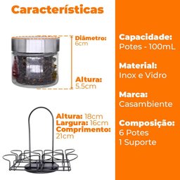 Porta Tempero Giratório em Inox com Potes de Vidro 7 Peças - Casambiente - 7